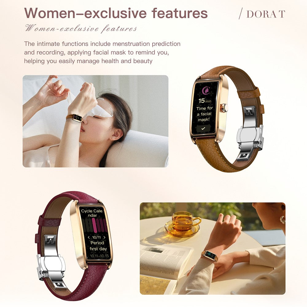 Dora T Smart Watch for Women Fitness Tracker IP68 Waterproof Heart Rate Monitor Smartwatch, Leather Band