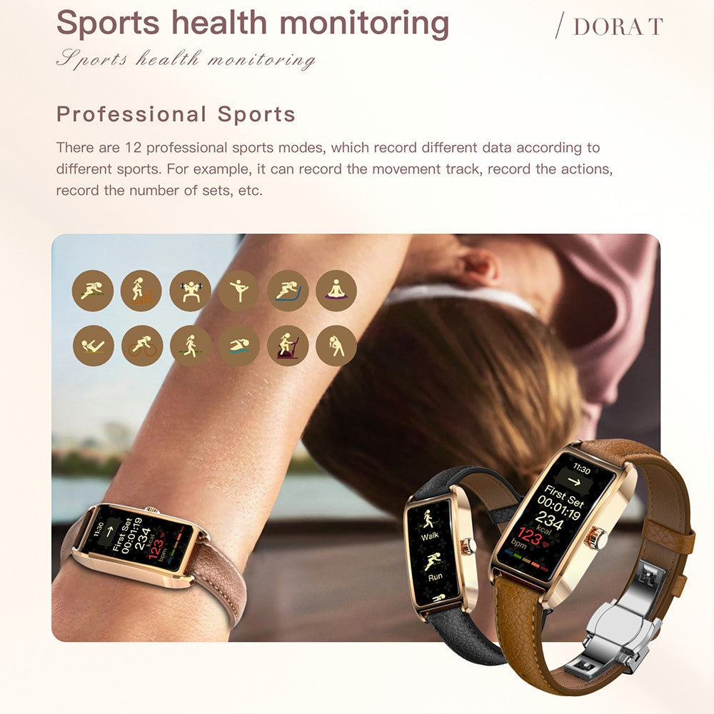 Dora T Smart Watch for Women Fitness Tracker IP68 Waterproof Heart Rate Monitor Smartwatch, Leather Band