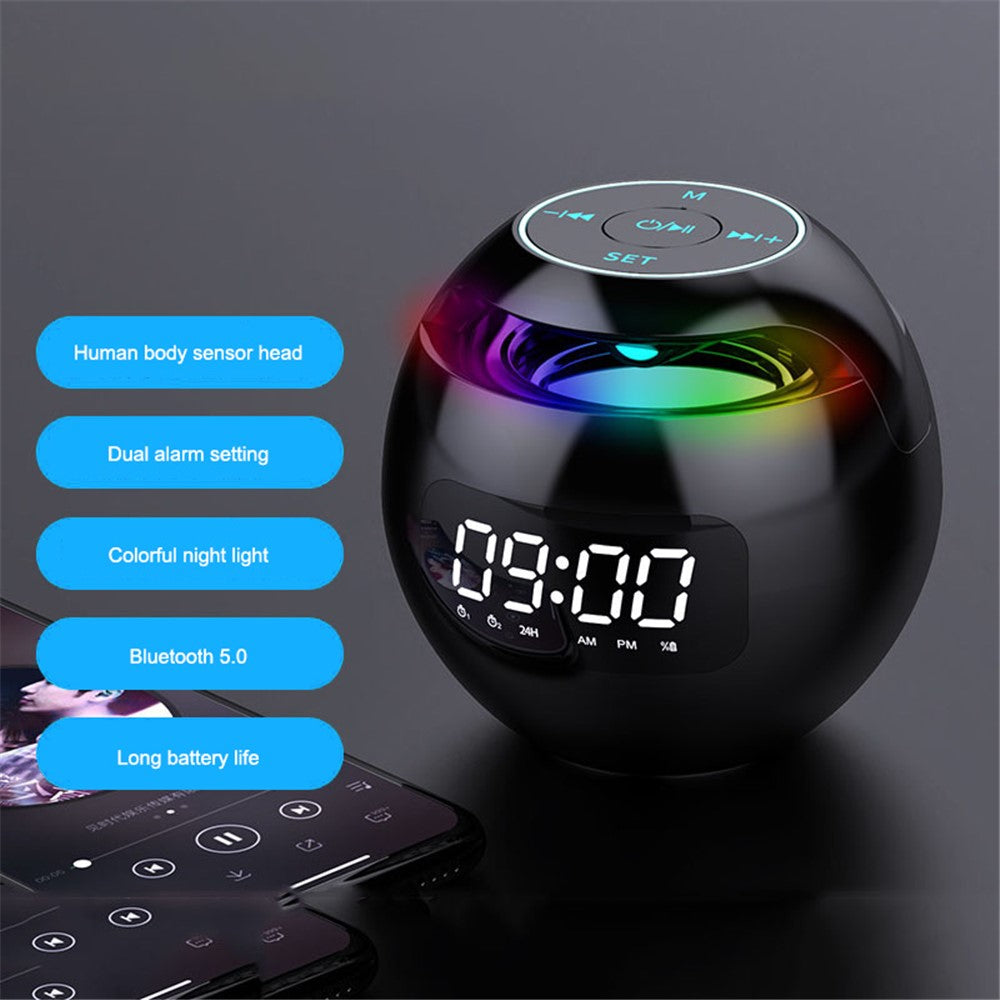 G-90Q Portable Wireless Bluetooth-compatible Speaker Ball Shape Alarm Clock FM Radio Smart Subwoofer (English / Sensing Version)